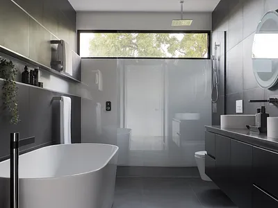 Double vanity with backlit mirror